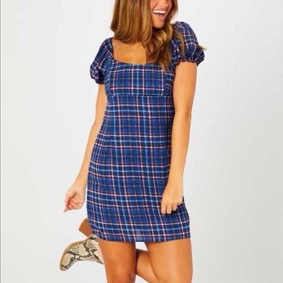 Altar'd State Britton Navy Blue Pink Puff Sleeve Plaid Summer Dress Wmn Sz Small - Picture 14 of 14